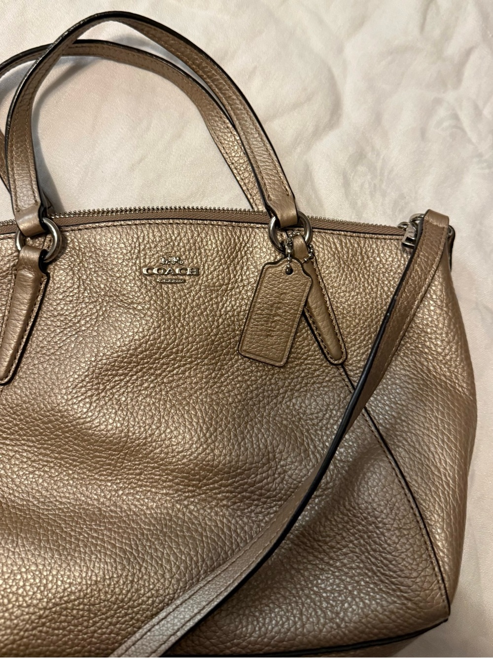Coach Metallic Bronze Pebbled Leather Satchel with Crossbody Strap - Picture 5 of 5